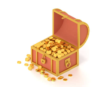 3d render treasure chest with coins on pink background.の写真素材