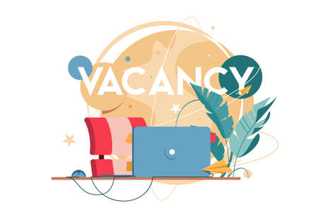 New vacancy with laptop for distance communication at workplace without people. Concept empty human resources place for hr manager using online using social media. Vector illustration.のイラスト素材