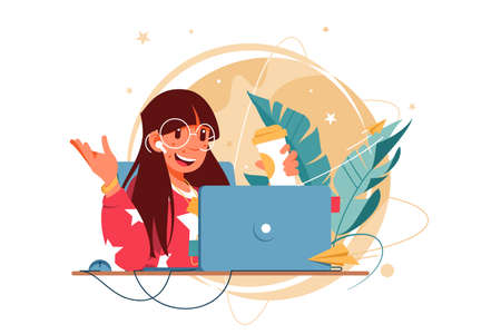 Happy woman with glasses using laptop for distance communication. Concept smiling female businesswoman character using earphone drinking coffee talking online using social media. Vector illustration.のイラスト素材