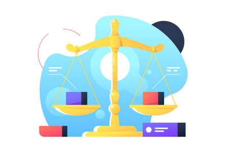 Red and blue cubic object on libra or scales.のイラスト素材