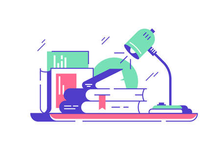 Collection equipment of books for education under lamp on table.のイラスト素材