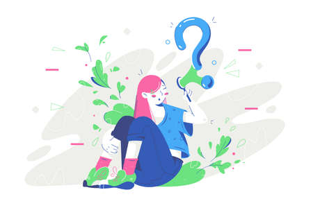 Thoughtful young woman thinking about business near question bubble.のイラスト素材
