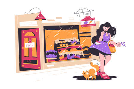 Cute girl shopping in small street shopのイラスト素材
