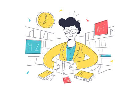 Man read interesting book in libraryのイラスト素材