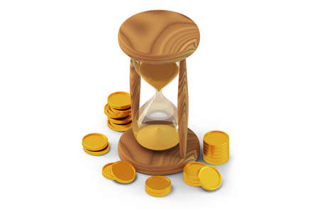 Wooden hourglass and coins 3D render isometric view