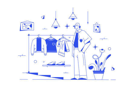 Guy fitting clothes in dressing roomのイラスト素材
