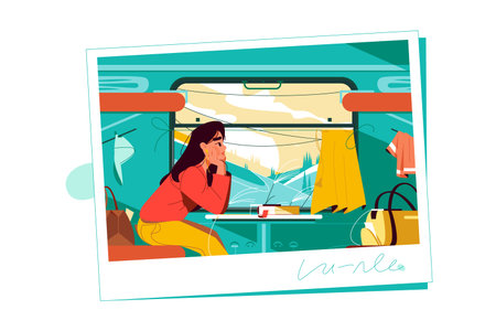 Girl traveling by train watch through windowのイラスト素材