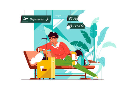 Guy with coffee look on watch and wait for flightのイラスト素材