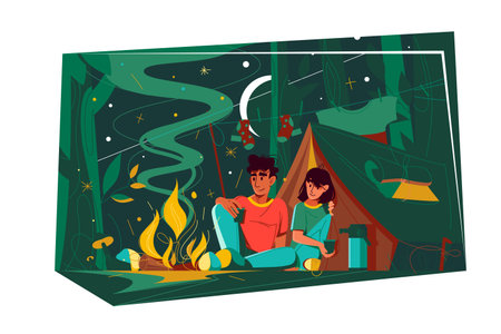 Couple near fire in evening, camping night in natureのイラスト素材