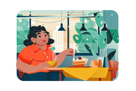 Middle-aged woman eating cake and drinking coffee in cafeのイラスト素材