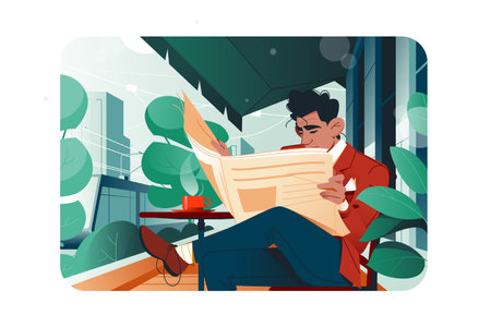 Handsome man sitting in cafe and reading morning pressのイラスト素材