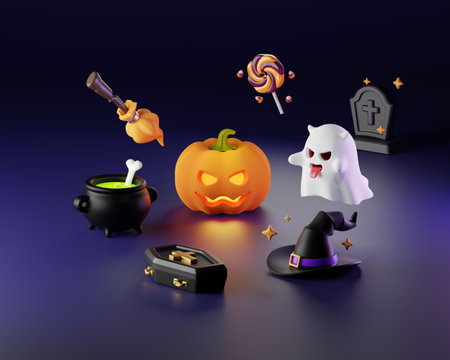 Halloween pumpkin and other related objectsの写真素材
