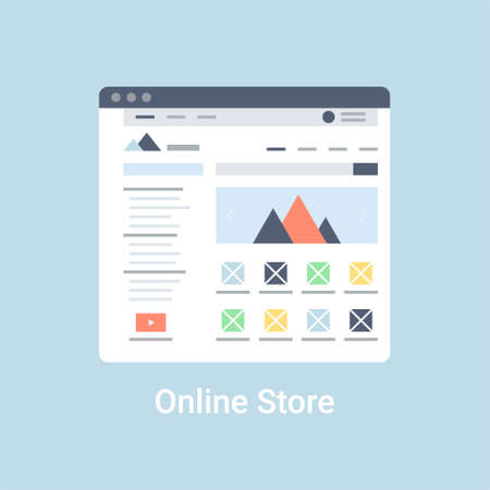 Online store website wireframe interface template. Flat vector illustration on blue backgroundのイラスト素材