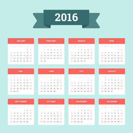 Calendar 2016. Week starts from Sunday. Vector flat design template, ready to printの写真素材