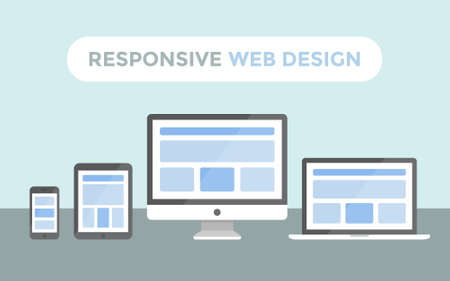 Responsive web design concept, website page on screen of desktop computer, laptop, tablet pc and smartphoneの写真素材