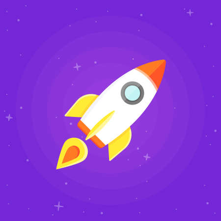 Rocket flying in outer space. Flat design illustrationの写真素材