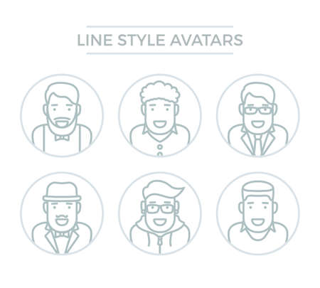 Line avatar icon set. Male persons portraits of hipster, businessman, student. People with faces, human illustrationのイラスト素材