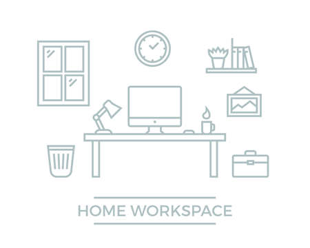 Freelance designer workspace. Flat line developer workplace illustration. Home office with desk computer, clock, wall picture and bookshelfのイラスト素材