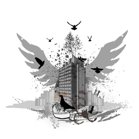 Grunge urban background. Cityscapes and flying pigeonsのイラスト素材