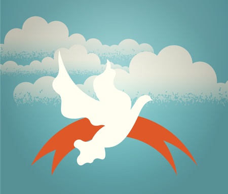 The dove hovering in the sky against a background of clouds. Retro illustration.のイラスト素材