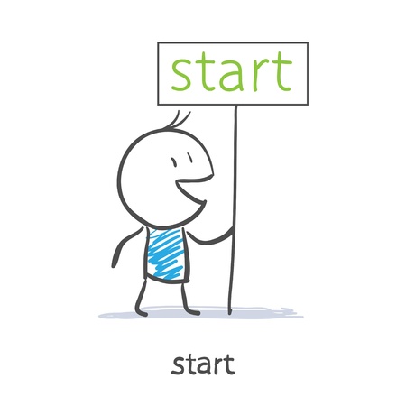 A man holds a sign startのイラスト素材