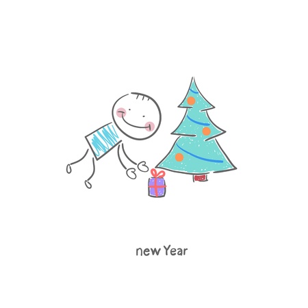 Man put a gift under the Christmas tree. Illustration.のイラスト素材