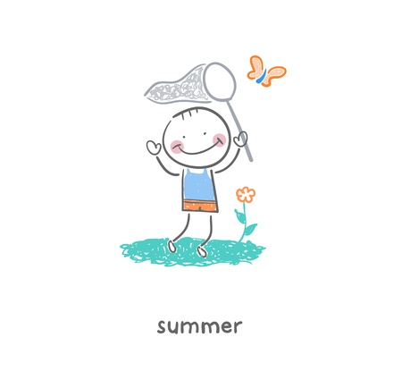 Man catches butterflies  Summer  Illustration のイラスト素材