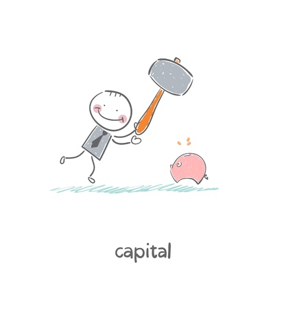 Man breaks piggy bank with a hammer  Illustration のイラスト素材