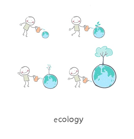 The concept of ecological restoration  A man watering a tree  Illustration のイラスト素材