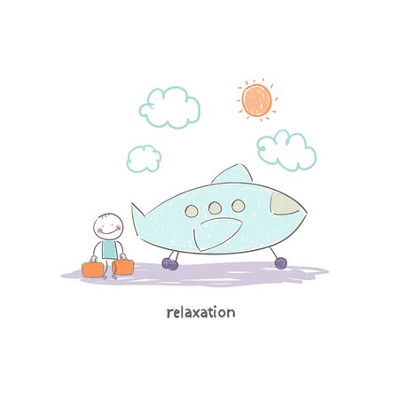 Man flying on holiday by plane. Illustration.のイラスト素材
