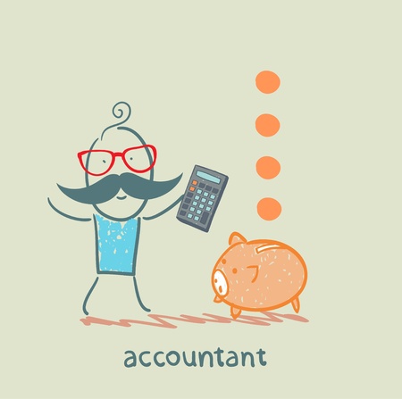 accountant with a calculator counting money falling into a pig-coin boxのイラスト素材