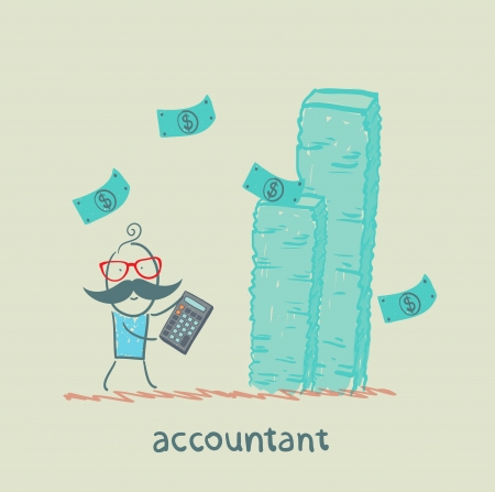 accountant with a calculator considers a lot of moneyのイラスト素材