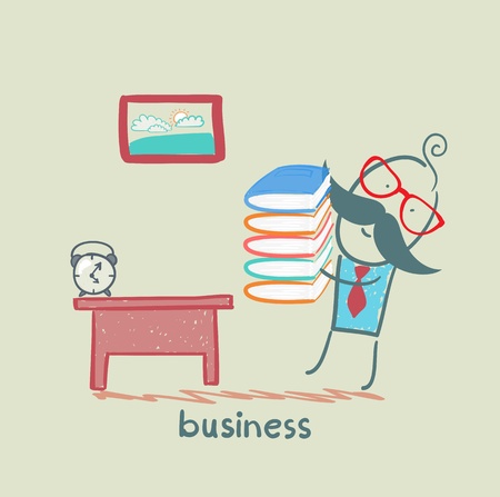 businessman goes to his workplace with a stack of booksのイラスト素材