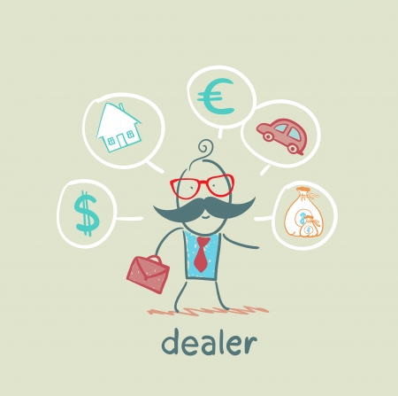 dealer thinks about currencies, house, car, moneyのイラスト素材
