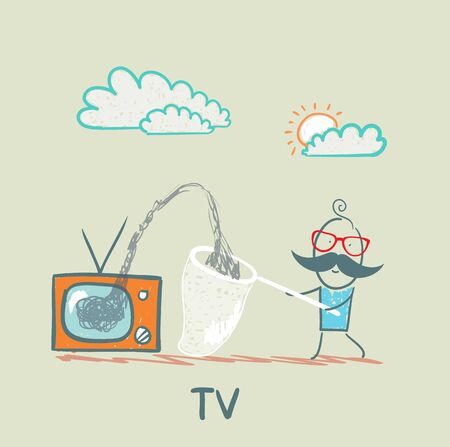 people gather information in a butterfly net with TVのイラスト素材