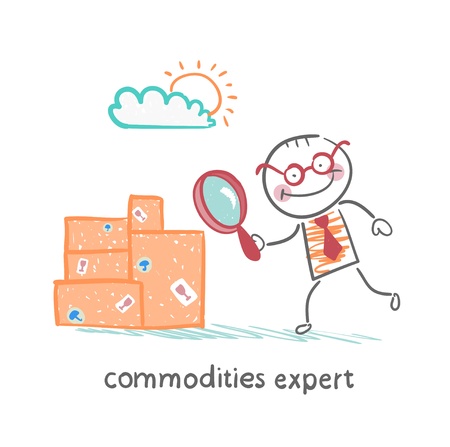 commodities expert  with a magnifying glass looking at the boxes with the goodsのイラスト素材
