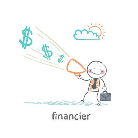 financier yells into a megaphone about the moneyのイラスト素材