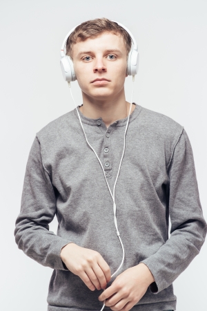 Man with headphones listening to musicの写真素材