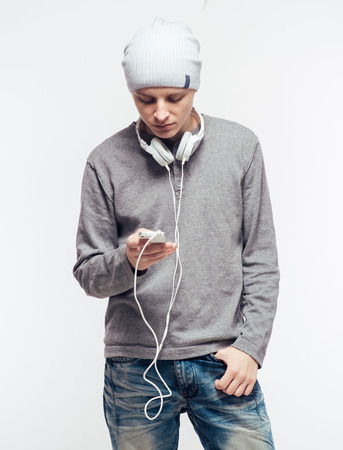 Man with headphones listening to musicの写真素材