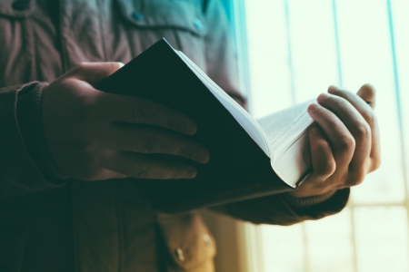 Man reading. Book in his hands.