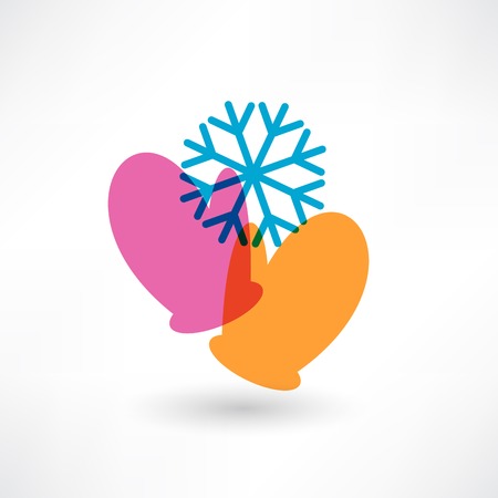 Two colored mittens and a snowflakeのイラスト素材