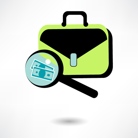 Icon business briefcase black with clipboard, pen and magnifying glass. Raster versionのイラスト素材