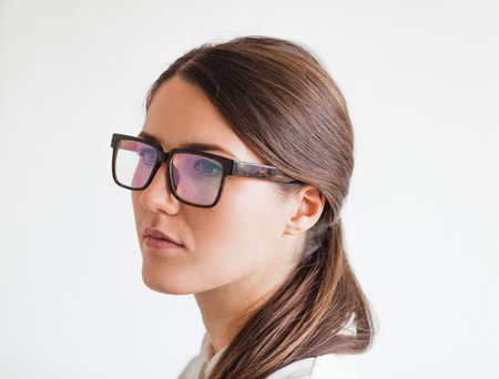 beautiful  woman with long hair  glasses.