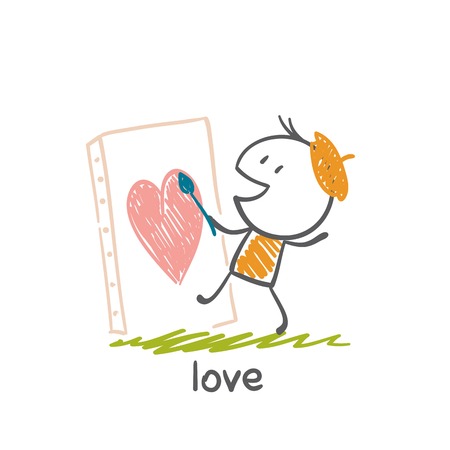 a man in love drawing a heart on canvas illustrationのイラスト素材