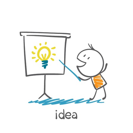 man jumping shows pointer on board with the idea-bulb illustrationのイラスト素材