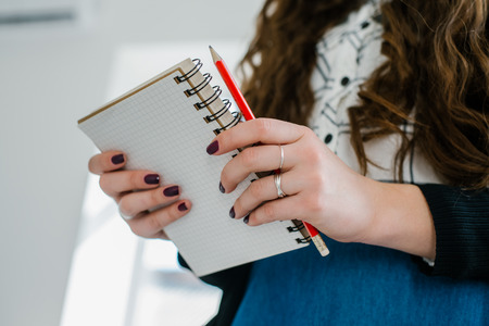 young caucasian brunette haired happy smiling business woman holding diary and red pancil