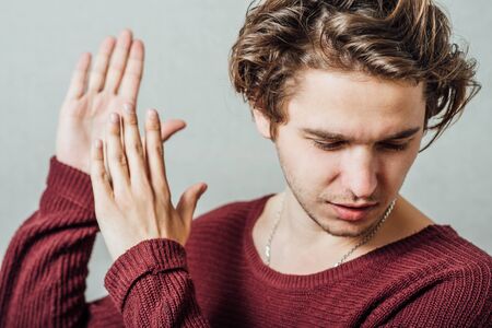 man  claps, applauds, rejoice, happiness, hello, attractsの写真素材