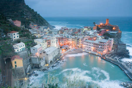 View over the beautiful seaside town of Vernazza in the Cinque Terre, Italyの写真素材