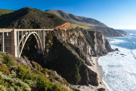 A view of Bixby Bridge out to the Pacific Ocean near Big Sur, California, USAの写真素材