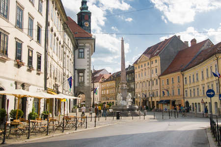 A view toward the Fountain of Three Carniolan Rivers in Ljubljana, Slovenia, Europeの写真素材